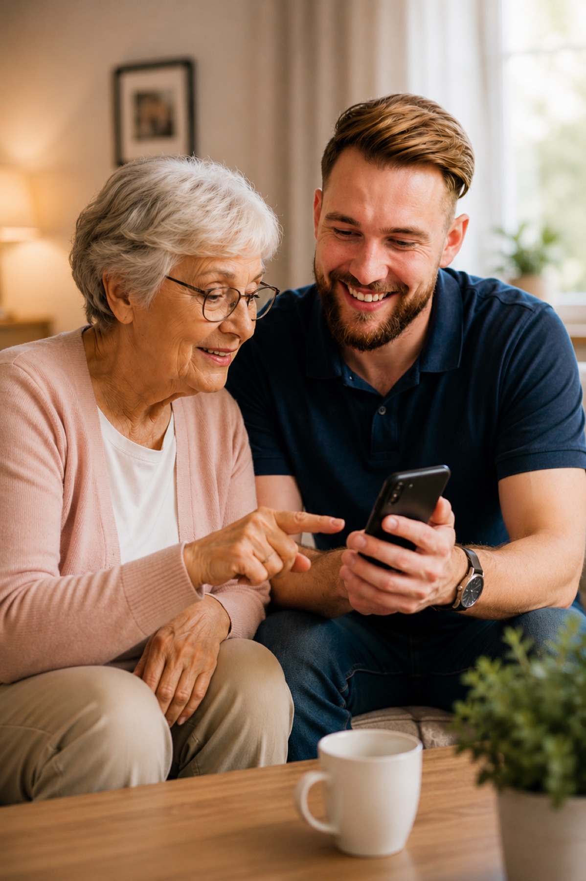 Seniorin bekommt Unterstützung beim Smartphone