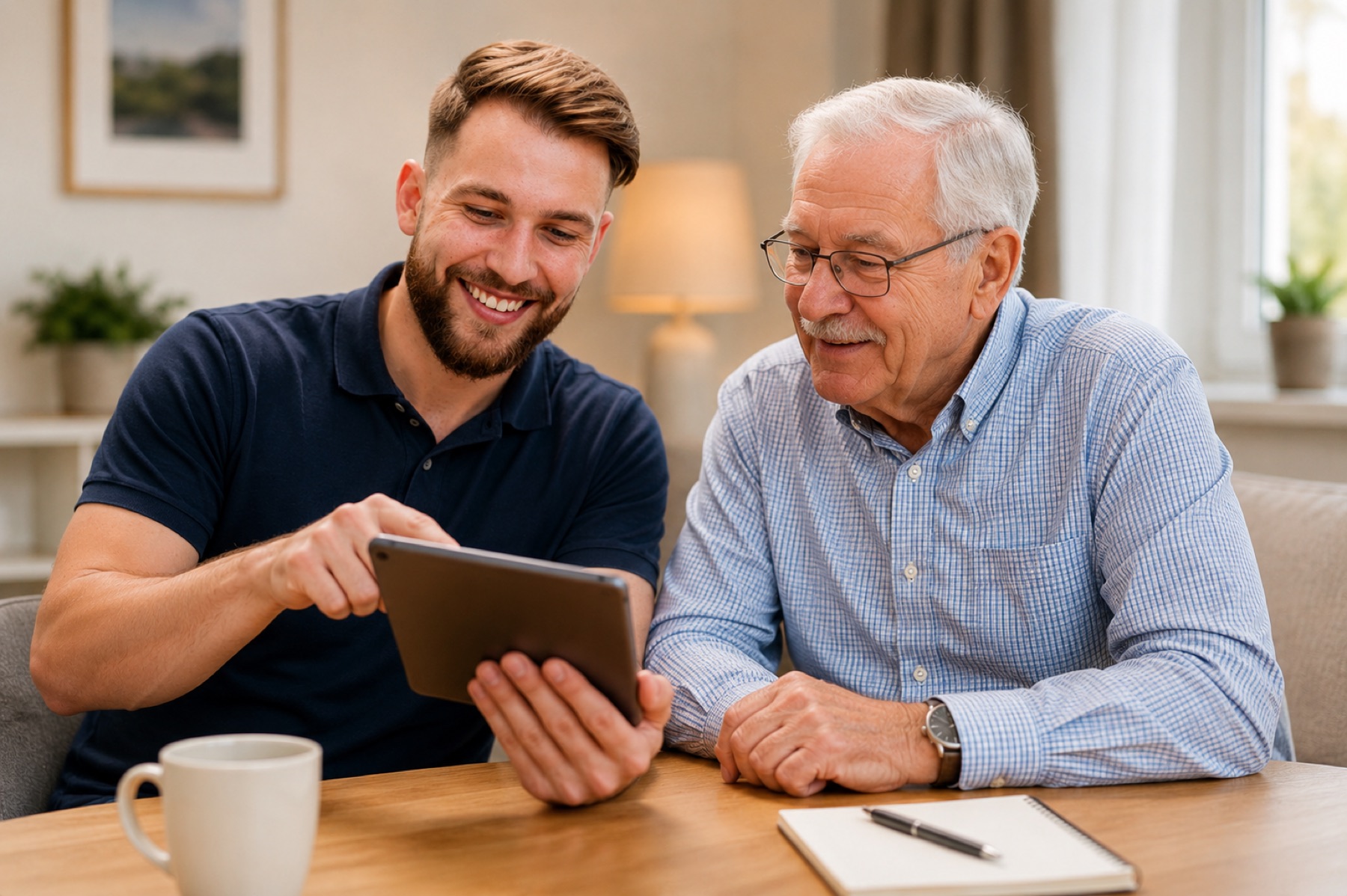 Niklas Schmidt erklärt einem Senior ein Tablet zuhause